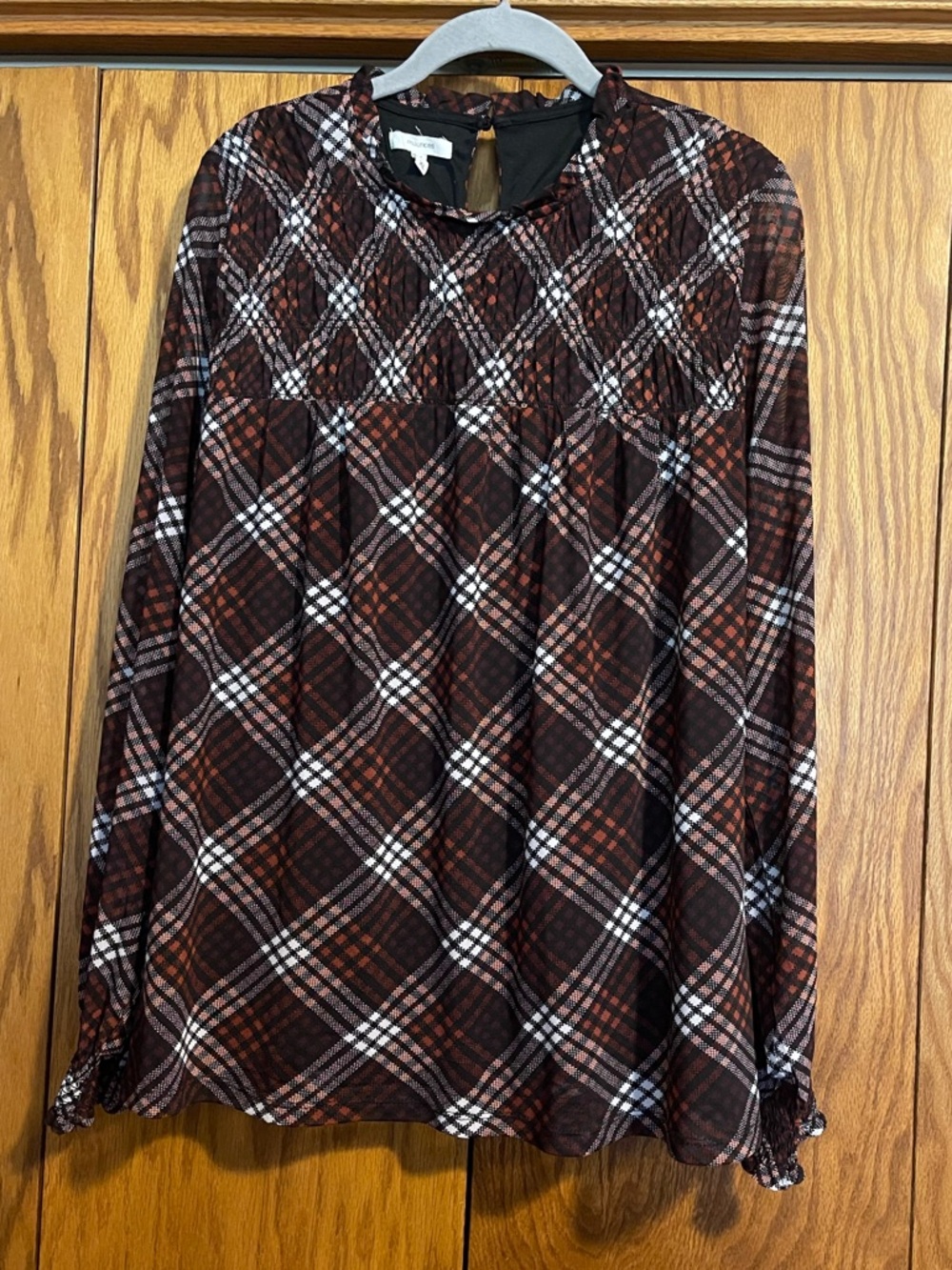 Maurices Black and Brown Plaid Smocked Yoke Blouse